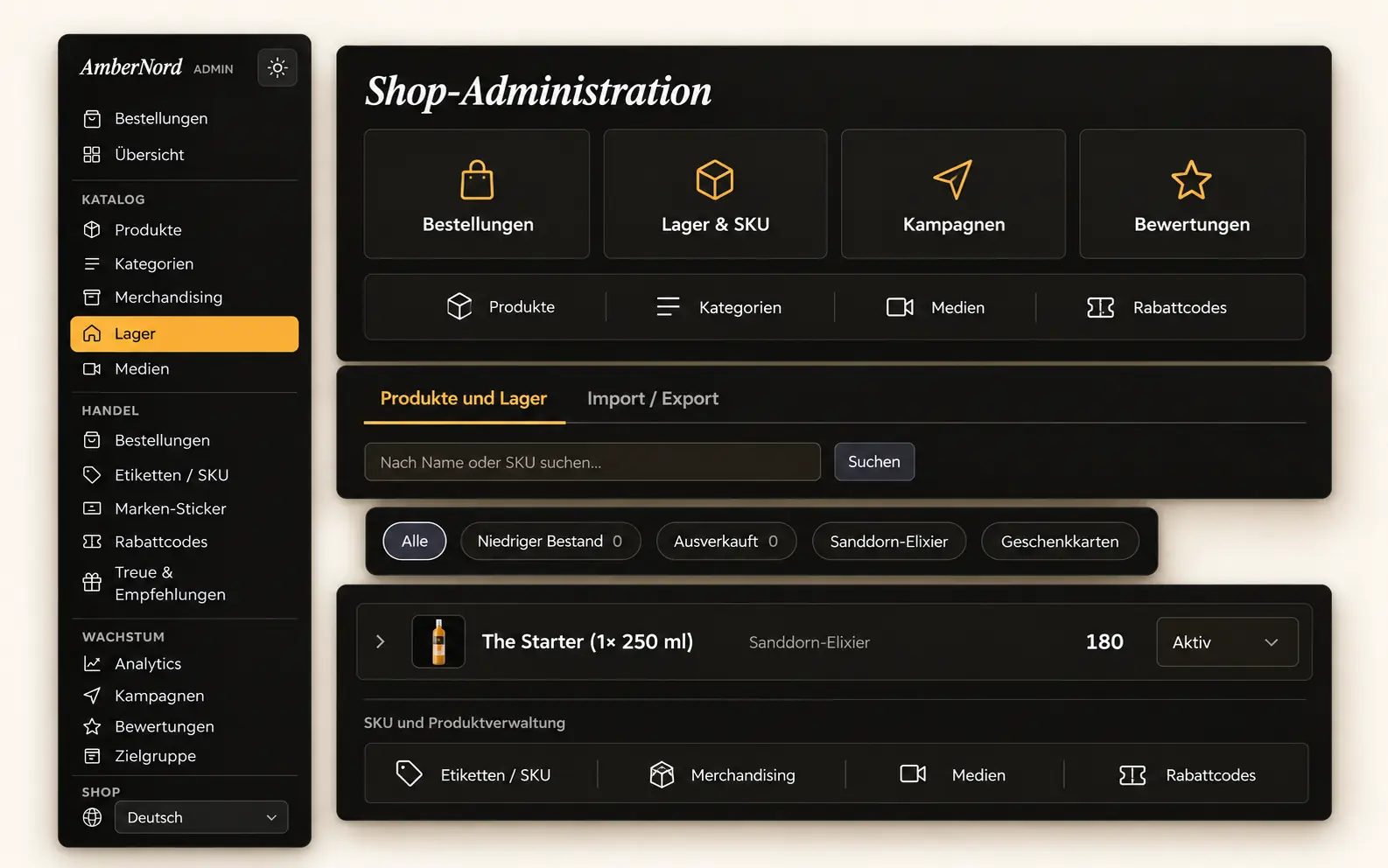 Admin-Bereich von ambernord.ch mit Bestellliste, Lagerbestand und CMS-Navigation