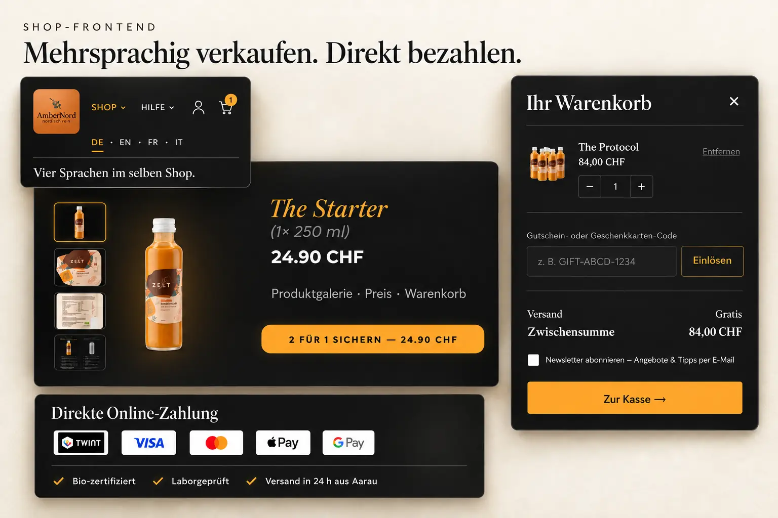 Produktseite des Shops ambernord.ch mit geöffneter Sprachwahl in vier Sprachen