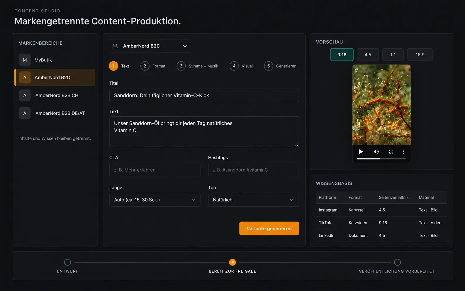 Marken-Übersicht in Content Studio mit Stimmprofilen und Wissensbasis