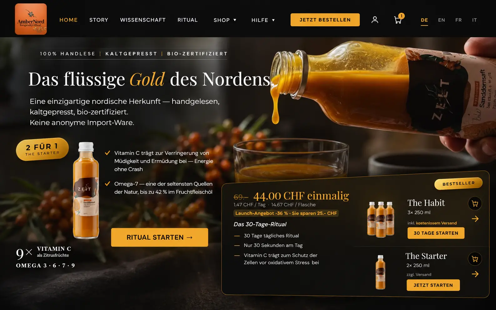 Startseite des Schweizer Shops ambernord.ch mit sichtbarer Sprachwahl, eine der gezeigten Live-Plattformen