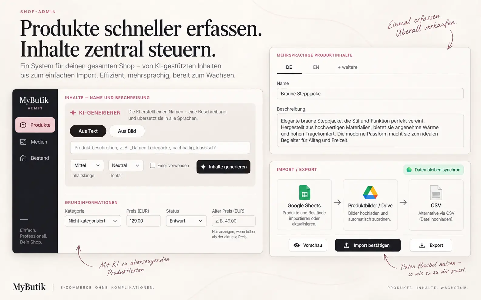 Admin-Bereich von MyButik: die KI erstellt eine Produktbeschreibung und übersetzt sie