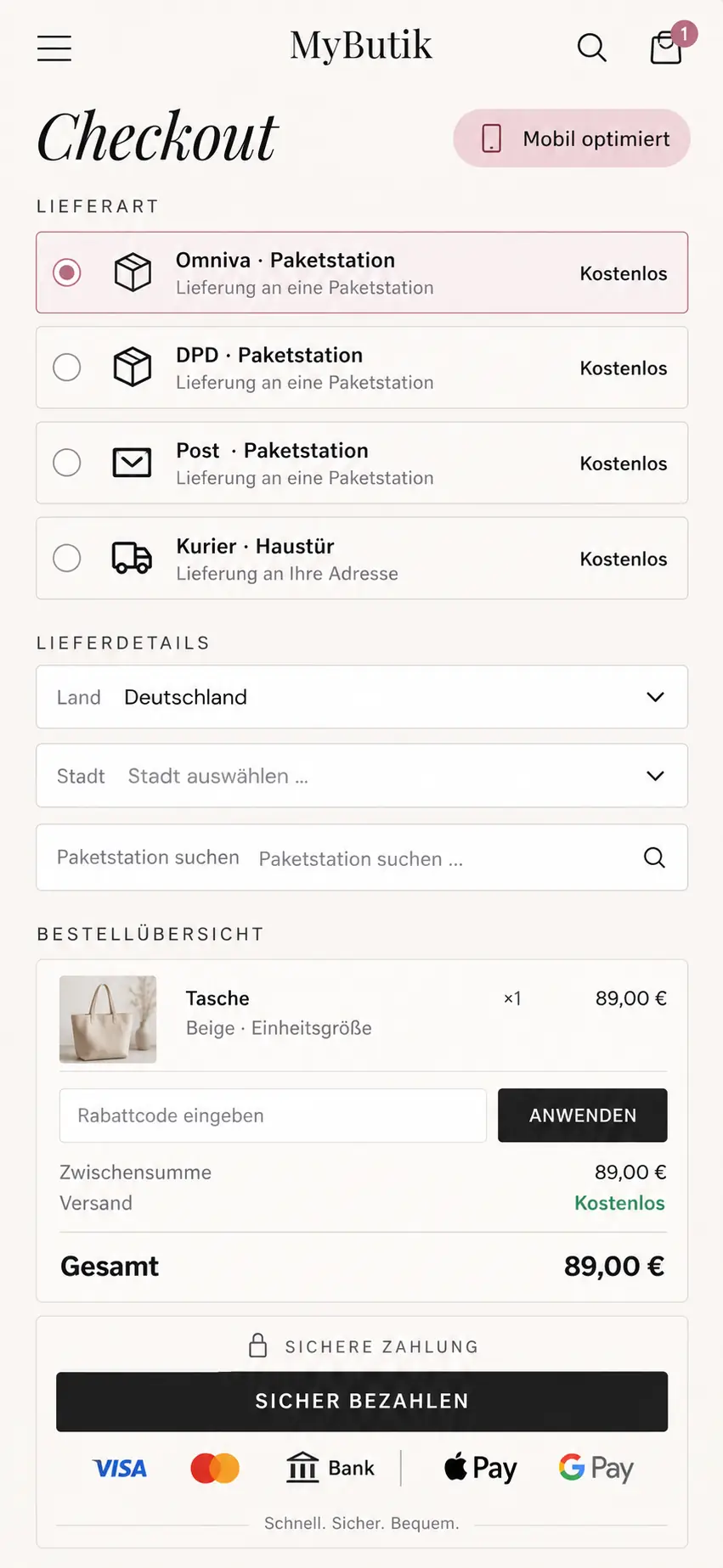 Checkout von MyButik auf dem Smartphone mit Auswahl eines Paketautomaten als Lieferort
