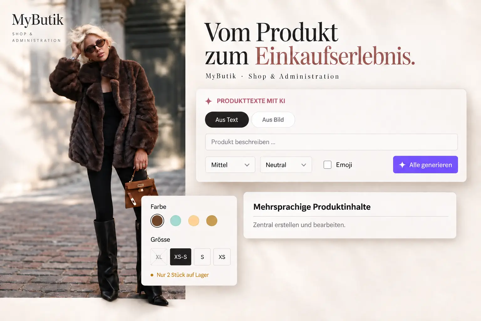 Produktseite des Shops MyButik mit Auswahl von Farbe und Grösse