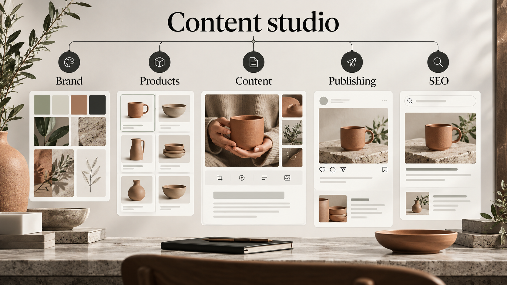 Your brand. Your content studio. Illustrative feature demonstration with a customised visual design.