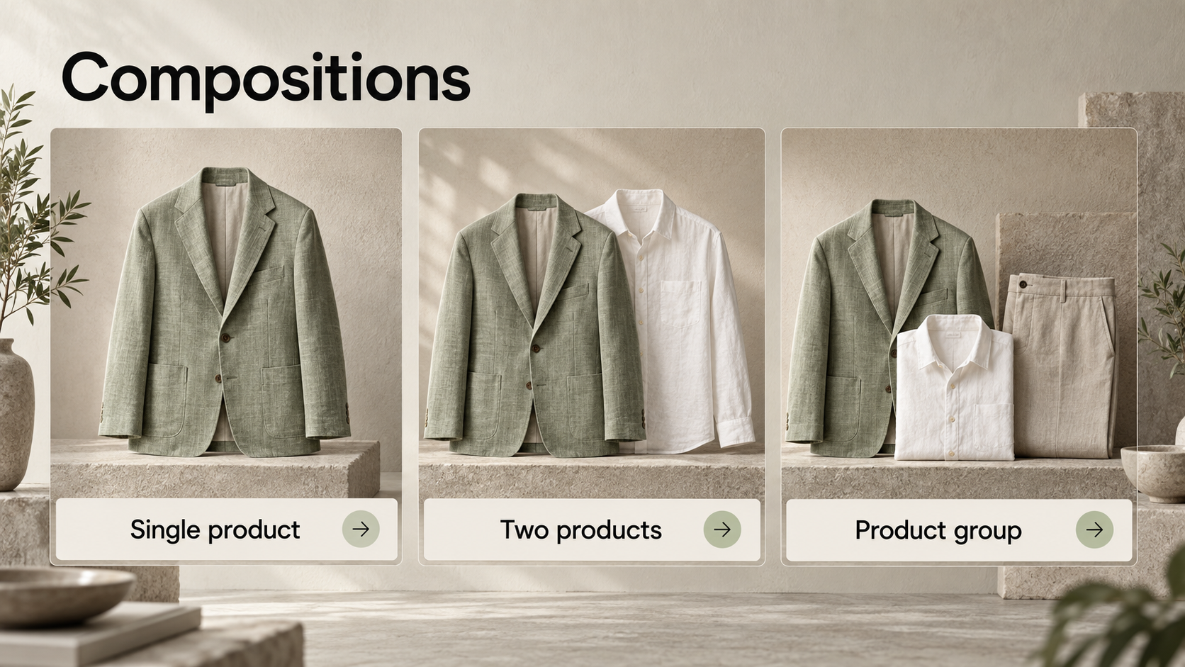 From product feed to composition. Illustrative feature demonstration with a customised visual design.