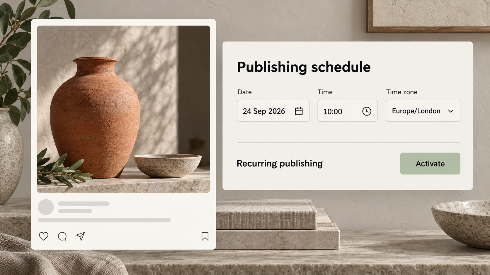 Publishing with a schedule and controls. Illustrative feature demonstration with a customised visual design.