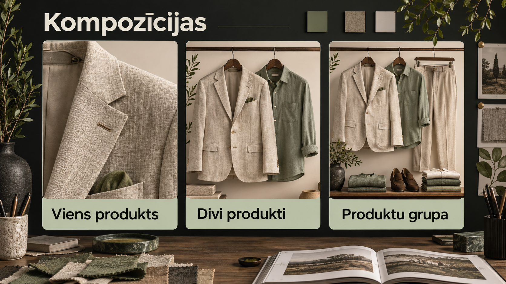 No produktu plūsmas līdz gatavai kompozīcijai. Ilustratīva funkcijas demonstrācija ar pielāgotu noformējumu.